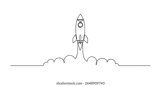 A singleline drawing of a rocket launching into space, isolated on white background