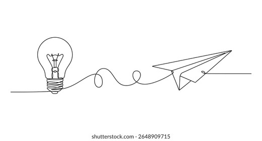 A singleline drawing shows a lightbulb connected to a paper airplane, isolated on white background