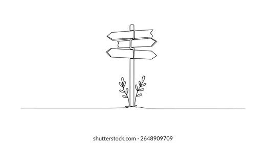 A singleline drawing of a signpost with three arrows, isolated on white background