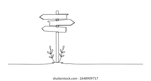 Un dibujo de una sola línea de un poste de señalización con tres flechas, aislado sobre fondo blanco