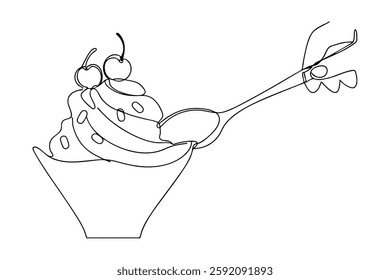 SingleLine Drawing Spoon, Dessert, Frozen Yogurt, Cherries, Sweet Treat