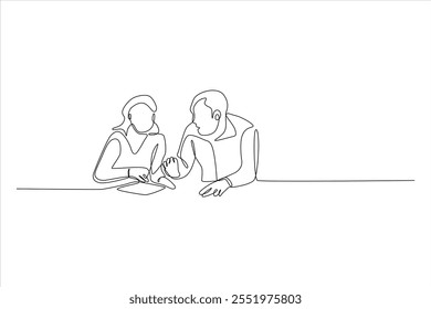 Dibujo de una sola línea de dos personas colaborando en una mesa.