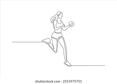 Single-line drawing of a woman exercising, holding a weight, in a dynamic pose.