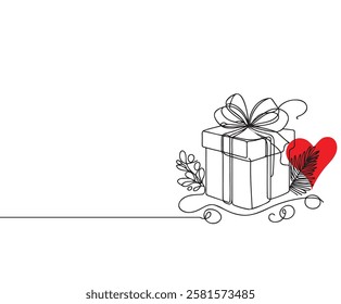 Single-Line Gift Box with Heart and Botanical Accents: A Minimalist Illustration