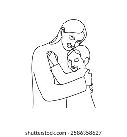 A single-line illustration depicting a loving moment of family; a young mother embraces her child tightly. A perfect design for International Mother’s Day.
