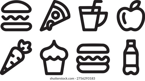 Single-line thick-stroke line art of food and drinks icons: burger, pizza, coffee cup, smoothie, fruits, vegetables, ice cream, cupcake, sandwich, soda bottle. One line draw graphic design vector

