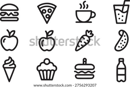Single-line thick-stroke line art of food and drinks icons: burger, pizza, coffee cup, smoothie, fruits, vegetables, ice cream, cupcake, sandwich, soda bottle. One line draw graphic design vector
