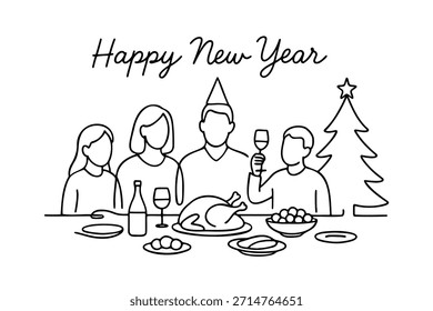 A single-line vector illustration depicting a holiday. Minimalistic, single-line style. Family dinner, New Year's, Christmas. Friends and guests sitting at the table. Vector illustration.