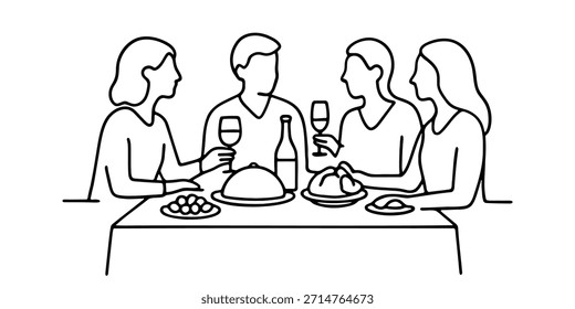 A single-line vector illustration depicting a holiday. Minimalistic, single-line style. Family dinner, New Year's, Christmas. Friends and guests sitting at the table. Vector illustration.