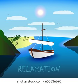 A single-masted sailboat in the beautiful bay. Beach, palm trees and sea. Blue sky, white clouds, seagulls. Relaxation for body and soul.