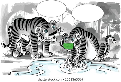 A single-panel comic featuring two tigers on a riverbank with speech bubbles for users to fill in. One of the tigers is wearing a mask and washing its hands.