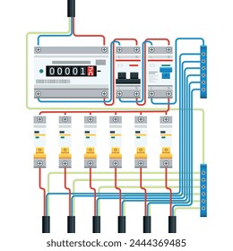 Single-phase network energy meter connection diagram.Types and components of electrical. Electrical power switch panel. Electricity equipment. Power Switch Panel. Vector illustration.