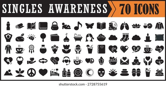Singles Awareness Black Icon Set Banner, Monochrome Banner zeigt eine große Reihe von schwarzen flachen Icons für Singles Awareness, symbolisiert Emotionen, Lebensstil, Selbstliebe, Unabhängigkeit und modernes Einzelleben.

