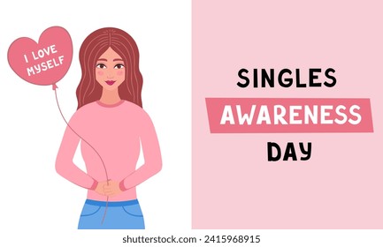 singles awareness day, girl with balloon, love myself. Vector Illustration for backgrounds and packaging. Image can be used for greeting cards, posters and stickers. Isolated on white background.