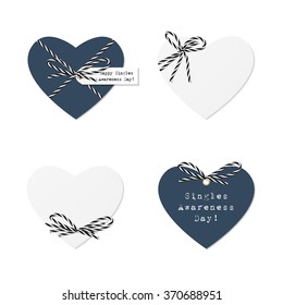 Singles awareness day hearts with black bakers twine bows and ribbons on white background