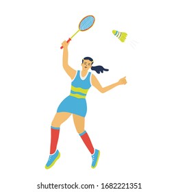 Singles badminton game. Woman swinging her racket to beat off a shuttlecock. Great for sport posters. Vector illustration isolated on white. Blue, yellow, red colors.