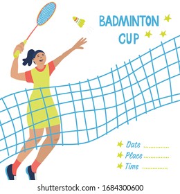 Singles badminton game. Woman swinging her racket to beat off a shuttlecock. Great sport poster with a net and a player. Vector illustration isolated on white. Blue, yellow, red colors. Badminton cup.