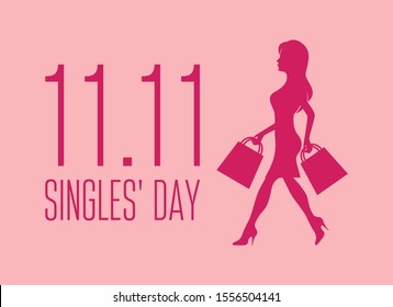 Singles' Day with silhouette shopping girl vector. Silhouette woman holding shopping bags vector. Number 11.11 vector. Shopping woman pink icon. Singles Day Poster, November 11. Shopping holiday icon