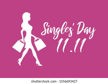 Singles' Day with silhouette shopping girl vector. Silhouette woman holding shopping bags vector. Number 11.11 vector. Shopping woman pink icon. Singles Day Poster, November 11. Shopping holiday icon