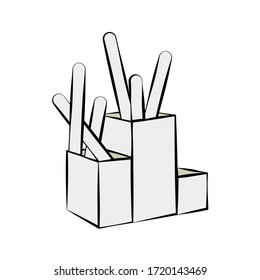 A single-standing object is a container for pens, books and notebooks. In the style of a child's drawing. Design for fabric, box, packaging paper, postcards, stickers, shop interior decor.