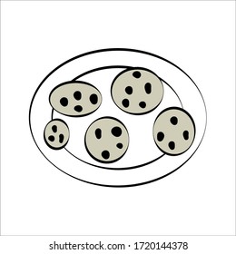 A single-standing object is a plate with cookies. In the style of a child's drawing. Design for fabric, box, packaging paper, postcards, stickers, cafe restaurant, shop interior decor