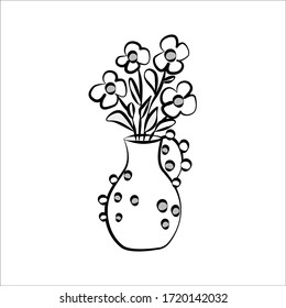 A single-standing object is a vase. In the style of a child's drawing. Design for fabric, boxes, packaging paper, postcards, stickers, interior design website, interior decor shop