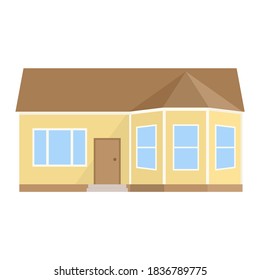 Edificio de una planta con cuatro ventanas. Casa de campo de estilo beige con ventanal. Ilustración vectorial aislada