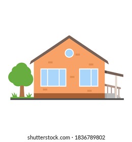 Single-story building with three windows and an attic. Residential brick cottage with porch. Isolated vector illustration