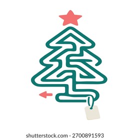 Laberinto de árbol de Navidad de un solo golpe con estrella, flecha y etiqueta