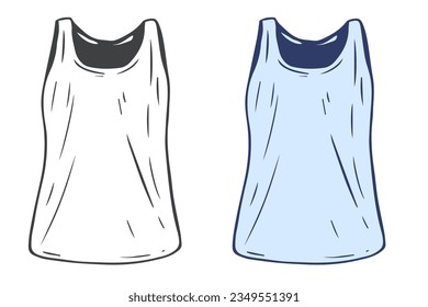 Singlet in cartoon hand draw flat style. Fashion unisex casual cloth isolated on white background. Set color and outline element. Vintage vector illustration.