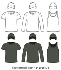 Singlet, T-shirt, Long-sleeved T-shirt and Cap template in black and white