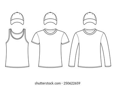 Singlet, T-shirt, Long-sleeved T-shirt and Cap template isolated on white background