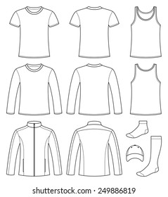 Singlet, T-shirt, Long-sleeved T-shirt, Jacket, Socks and Cap template - front and back isolated on white background