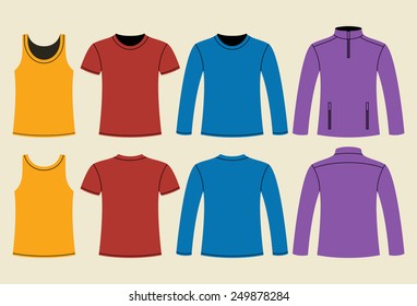 Singlet, T-shirt, Long-sleeved T-shirt and Jacket template - front and back on light background  