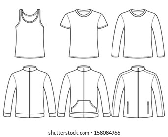 Singlet, T-shirt, Long-sleeved T-shirt, Sweatshirts and Jacket template isolated on white background