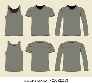 Singlet, T-shirt and Long-sleeved T-shirt template - front and back on light background  