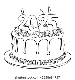 a single-tiered lineart cake with a "2025" topper, simple and elegant