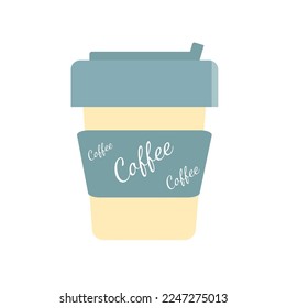 Single-use paper cup for milky yellow coffee with a mint lid and a label with the inscription Coffee. In vector isolated on white background