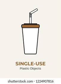 Single-use paper cup with plastic lid and straw. Vector illustration of recycling plastic items. Food plastic packaging flat logo for ecological poster, postcard, banner. Single-use plastic rubbish.