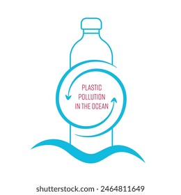 Botella de plástico de un solo uso con flecha de hidromasaje y onda de agua simbolizan la contaminación de plástico en el problema del océano. Ilustración vectorial.