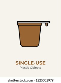 Single-use plastic coffee cup with handle. Vector illustration of recycling plastic coffee cup. Food plastic packaging flat logo for ecological poster, postcard, banner, pollution environment concept.
