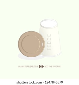 Single-use plastic coffee cup and lid with fast forward icon as a gimmick. Change to reusable cup concept. Vector illustration.