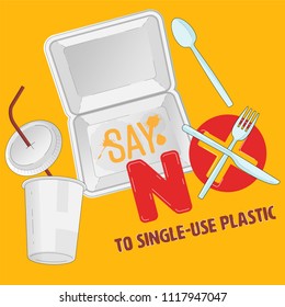 Single-use plastic container for food and beverage outline flat objects with typographic design. Say no to plastic concept. Vector illustration.