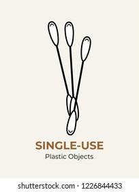 Single-use plastic cotton bud. Vector illustration of recycling plastic item. Cotton bud plastic flat logo for ecological poster, postcard, pollution environment concept. Cotton swab,  eared sticks.