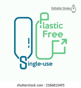 Single-use plastic free typographic design. Drinking water bottle as a gimmick to refuse disposable plastic product. Editable stroke vector illustration.