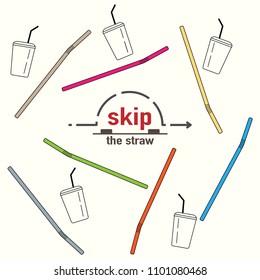 Single-use plastic outline icons of straw and beverage cup. Skip the straw typographic with straw box gimmick. Reduce plastic waste concept. Vector illustration. 