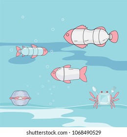 Single-use plastic pollutes the sea. Marine creatures have ingested plastic trash. Ocean plastic pollution concept. Vector illustration.