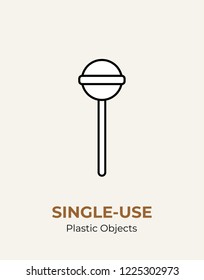 Single-use plastic stick in lollipop. Vector illustration of recycling plastic item. Food plastic stick flat logo for ecological poster, postcard, banner, pollution environment concept.