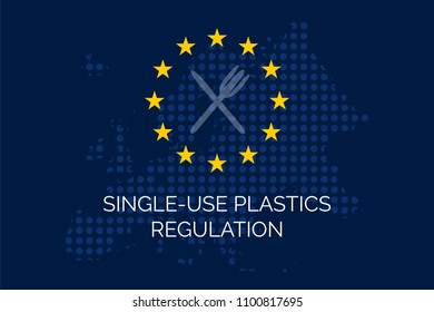 Single-use plastics regulation on dotty european union map and EU stars.