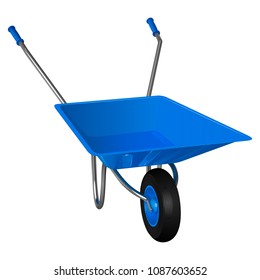 Single-wheeled wheelbarrow with blue body and handles, vector illustration on white background